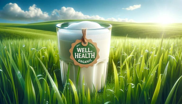 Frothy buffalo milk in a glass with Wellhealthorganic tag, symbolizing health, set against vibrant grass and a pristine blue sky.